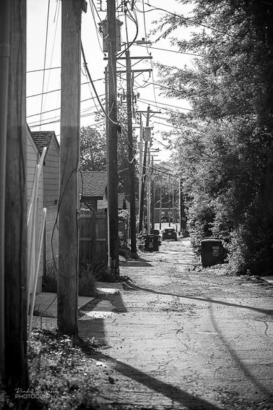 Black and white image of an urban alley with a line of power/communication poles, trash cans, and garages.