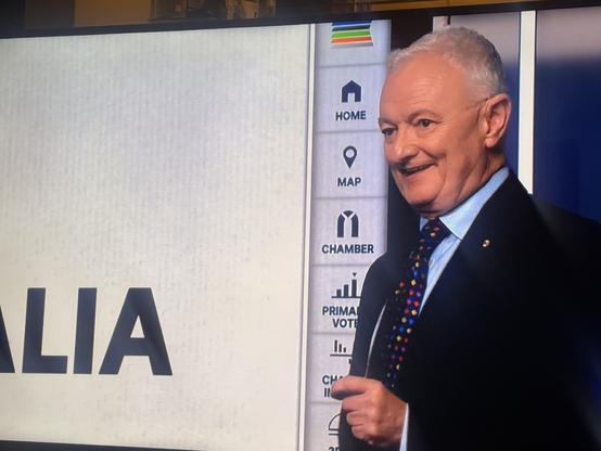 A man with gray hair, wearing a dark suit and a colorful polka dot tie, is smiling while standing next to a digital display that includes icons for home, map, chamber, primary vote, and more. The word "Australia" is prominent