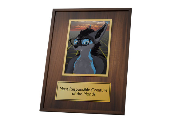 Blender Render of a wooden Employee of the Month Award Sign but the text on the Sign says "Most Responsible Creature of the Month", the picture in the middle showing the goofy creature Noel
(their jaw got moved ingame, dont worry, he's fine)