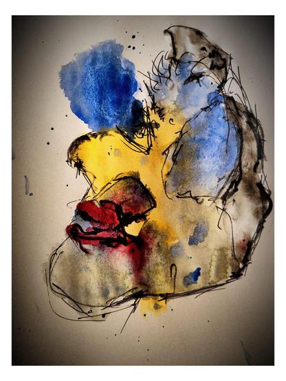 Das Bild zeigt eine abstrakte Wasserspritzzeichnung, die eine stilisierte Darstellung eines Gesichts oder einer Figur in einem Profil darstellt. Die Farben sind lebhaft und variieren von Blau, Gelb, Rot und Braun. Blauer Farbflächen dominieren die obere Hälfte des Bildes, während gelbe und rote Flächen die untere Hälfte und den Mundbereich bedecken. Die Konturen sind durch schwarze, unregelmäßige Linien gezeichnet, die eine dynamische und expressivere Wirkung erzeugen. Die Farben sind nicht kontrastfrei, sondern verschmelzen sanft miteinander, was eine fließende und organische Struktur erzeugt. Die Farbblitze und Linien verleihen dem Bild eine spontane und kreative Atmosphäre.