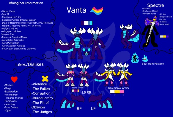 A deep purple dragon with white horns, blue hair, and cyan torso scales and interior wing membranes.