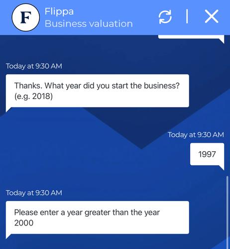 Screenshot of domain valuation tool. It asks for the year the business was started, then rejects years older than 2000.