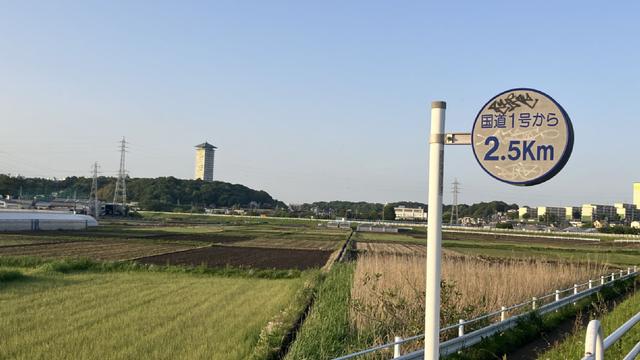 The sign says 2.5 km from the route 1. A peaceful rural landscape.