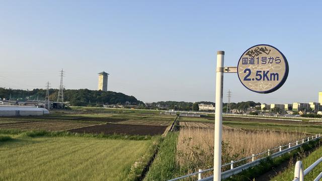 The sign says 2.5 km from the route 1. A peaceful rural landscape.