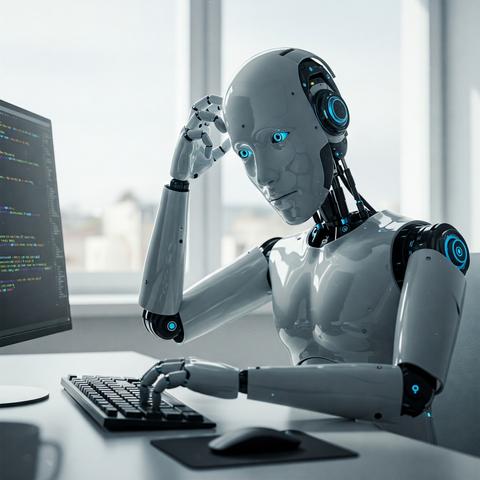Ein Android sitzt mit nachdenklicher Miene vor einem Computerbildschirm, auf dem Programmcode zu sehen ist. Er kratzt sich dabei am Kopf.