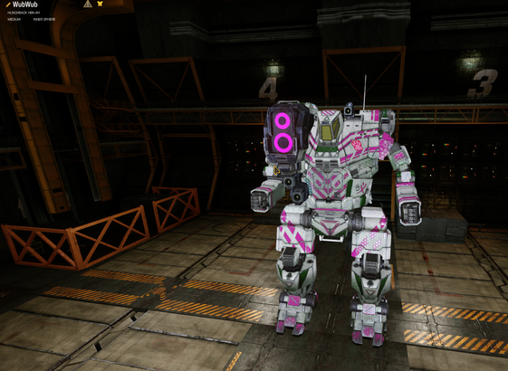 Mechwarrior online screenshot from within the garage,
center is a hunchback 4h
its a generic looking bipedal mech with a huge hard mount for weapons on its right torso.
i have installed 2 binary lasers under this hard mount.
the hard mount kinda looks like a giant dubstep gun mech, with the decals ive added.

the mech is painted white, and pink with small green highlights.