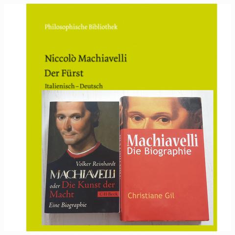 Bild zeigt Collage von drei Büchern über Machiavelli.