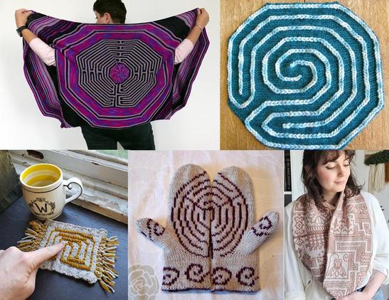 Collage of knitting projects: Shawl with reproduction of the labyrinth at the Amien Cathedral. Lap blanket sized Baltic labyrinth in blue. Coaster sized finger labyrinth with gold details near a mug with someone's hand tracing the path. Mittens with what looks like a representation of the Chartres labyrinth. Woman wearing a cowl inspired by Daedalus's labyrinth.