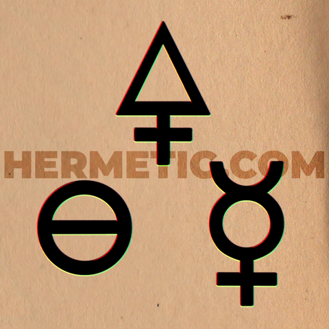 Square image, parchment background. Three Symbols, black, with slight prismatic edges. The three alchemical symbols for Salt, Sulphur and Mercury.