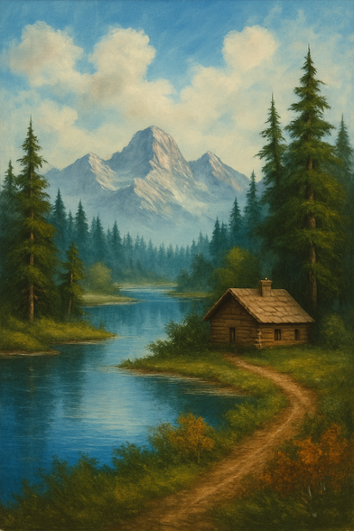 ChatGPT's rendering of the prompt "create an average bob ross painting"