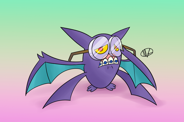 The Pokémon Crobat, a purple bat with two sets of wings, wearing oversized, very thick glasses, and having a dorky frown showing his upper teeth and gums, showing the braces on his teeth. He is pushing the glasses up with his wing.
