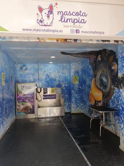 Dog washing station: an open room with a metal bath at the back. The side of the bath opens to let the pup jump in. The walls are a mural showing the massive head of a sausage dog with a rubber duck in its mouth emerging from a foam of white bubbles in blue water. The room is big enough to keep onlookers safe in case of doggy shake mid bath.