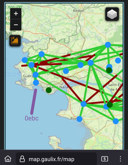 carte géographique montrant les liens du réseau Meshtastic entre Nantes et Guérande.
