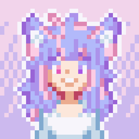 A pixel art portrait of a character with pink and blue-violet hair mixed in with wolf ears and hetreochromia eyes also of purple and pink in a white blouse.