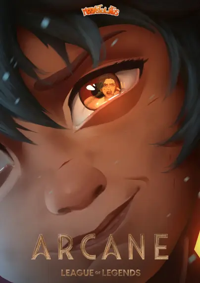 A closeup of Isha's face, giving a slightly pained smile. Reflected in her eye is a very worried Jinx, yelling and reaching out a hand towards Isha.