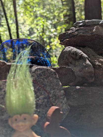 A small troll doll with green hair, a long with other sundry items, rocks, and a background of greenery.