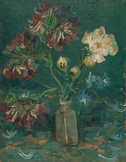 Small Bottle with Peonies and Blue Delphiniums