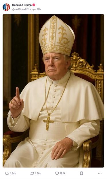 DementiaDon shared an AI photo of himself dressed as a pope. You can't make this shit up.
source: https://truthsocial.com/@realDonaldTrump
