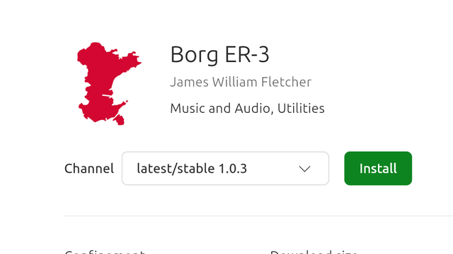 A screenshot from the Ubuntu Snap Store of an app called Borg ER-3 by James William Fletcher. The logo is a picture of Wales, in red and upside down so Ynys Mon is at the bottom right where Newport would normally be.