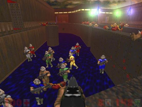 🕶️ An FPS view of a player contemplating fifteen players in a water-containing pit.

📚️ Doom Legacy is a fork of DOSDoom, and a libre, multi-platform Doom 1 & 2 engine, focusing on enhancements and debugging while retaining its gameplay, simplicity and velocity. Features include support for modern high-resolution screens and gamepads, multiplayer for up to 32 players with player and team customization, the ability to join a game in progress, 2 player co-op or split-screen deathmatch, the ability to walk on things (such as bodies), multiple floors and in 3D, look up/down, fog, dynamic lighting, texture transparency, crosshairs, enhanced demos, command console, MBF21 and DSDA-Doom compatibility, player fatigue (when running or swimming), monster size modification, monster teleport control, bots with adaptable co-op behavior and dogs.