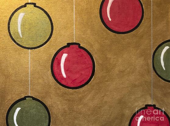A Stark gold background with dangling Christmas bulbs in beautiful red and green.