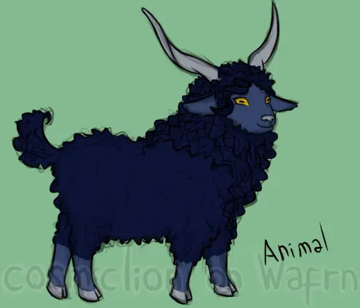 Another reference sheet of Belmon, showing them in their animal form. They are a goat with curly dark blue fur, yellow eyes, greyish blue ears, face and legs and light grey horns that point upwards, hooves and nose. On the bottom right corner it says "Animal" in black font. The background is light green.