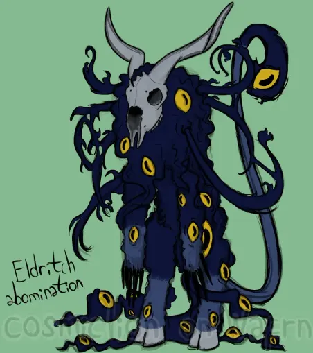 Another reference sheet of Belmon, showing them in their monster form. They are a goat-like creature standing on their hind legs, with curly dark blue fur that morphs into tar-like tendrils, yellow demon eyes all over their body, long and sharp black claws on their front legs and a light grey goat skull for a head. On the bottom left corner it says "Eldritch abomination" in black font. The background is light green.