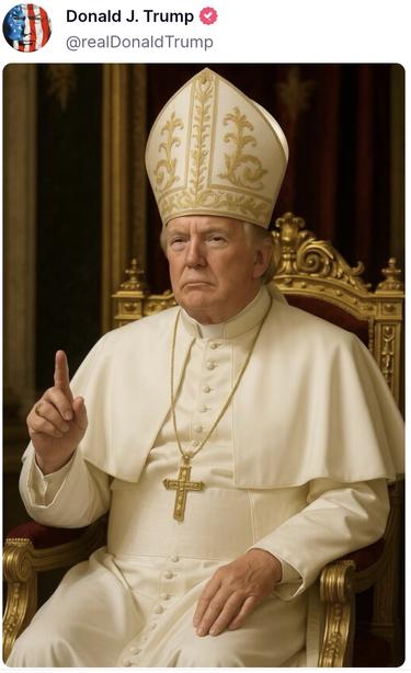 President Donald Trump wears a gigantic fancy Pope hat to hide his humongous ugly bald spot. He also wears a white robe, a recent change required after soiling his pants.