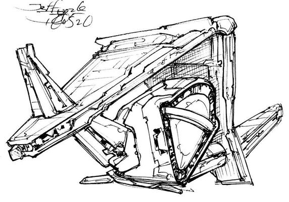 Black and white line art sketch of an imaginative sci fi spaceship. Each one is very different.