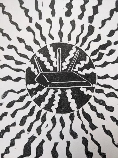 Linocut print of a wifi router in the middle of three concentric circles. Each circle contains wavy lines that appear to be radiating out from the router in a spoke pattern. The wavy lines in each circle are staggered from the others so that they don't line up.