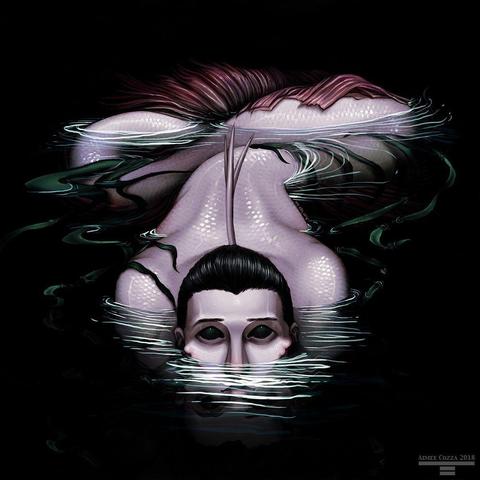 A pale pinkish wet slick-looking male fish creature sits half in and half out of dark, murky water. The fish-man is looking up to the viewer with all black eyes as if he is helpless or needs help. He appears to be loosely covered in seaweed, but looks to have a long body and tail though much of it is hidden under the dark water, attempting to lure the viewer to assist him.