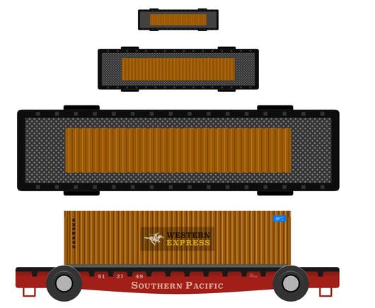 Different scale views of a railroad flat car from the top and side.