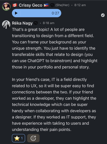 LinkedIn screenshot of message between me and Reka Nagy on transferrable skills and portfolios for designers transitioning into UXD