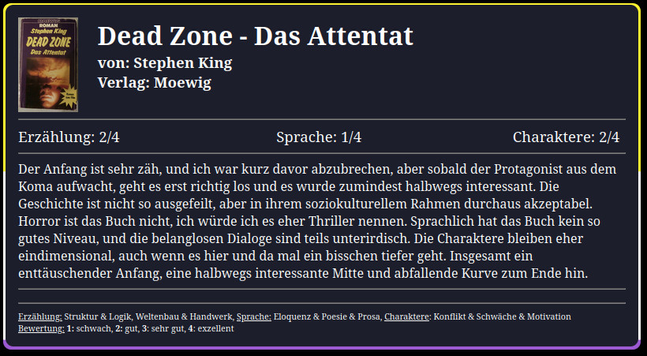 Der Anfang ist sehr zäh, und ich war kurz davor abzubrechen, aber sobald der Protagonist aus dem Koma aufwacht, geht es erst richtig los und es wurde zumindest halbwegs interessant. Die Geschichte ist nicht so ausgefeilt, aber in ihrem soziokulturellem Rahmen durchaus akzeptabel. Horror ist das Buch nicht, ich würde ich es eher Thriller nennen. Sprachlich hat das Buch kein so gutes Niveau, und die belanglosen Dialoge sind teils unterirdisch. Die Charaktere bleiben eher eindimensional, auch wenn es hier und da mal ein bisschen tiefer geht. Insgesamt ein enttäuschender Anfang, eine halbwegs interessante Mitte und abfallende Kurve zum Ende hin.