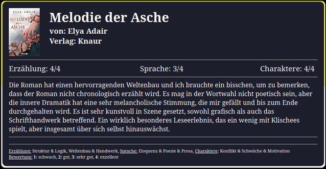 Die Roman hat einen hervorragenden Weltenbau und ich brauchte ein bisschen, um zu bemerken, dass der Roman nicht chronologisch erzählt wird. Es mag in der Wortwahl nicht poetisch sein, aber die innere Dramatik hat eine sehr melancholische Stimmung, die mir gefällt und bis zum Ende durchgehalten wird. Es ist sehr kunstvoll in Szene gesetzt, sowohl grafisch als auch das Schrifthandwerk betreffend. Ein wirklich besonderes Leseerlebnis, das ein wenig mit Klischees spielt, aber insgesamt über sich selbst hinauswächst.