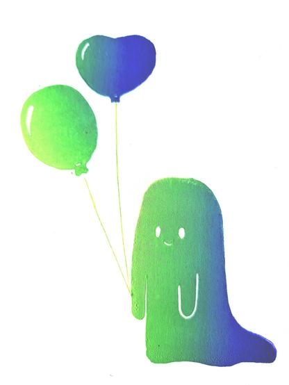 Linocut of ghost with balloons in green and blue