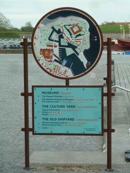 a signpost in Helsingor, with a circular map at the top, and a legend below labelling:

MUSEUMS
The Shipyard Museum
M/S Martime Museum of Denmark
Kronborg Castle

THE CULTURE YARD
Tourist Information
Library
Stages

THE OLD SHIPYARD
Maritime Workshop Hal 16
Elsinore Street Food
Catch
