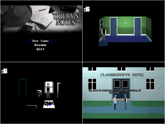 Four early screenshots of Trilby's notes with the wrong colors. Trilby's face is a sickly blue color, but for the first few rooms I thought it was supposed to show that the lights were out, or something. Only when I got to a scene that obviously took place in daylight did I realize my mistake.