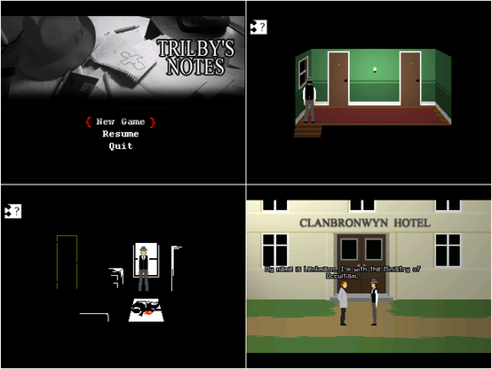 Four early screenshots of Trilbly's Notes with the correct colors. Trilby's face now has the appropriate skin tone, even in darkened rooms.