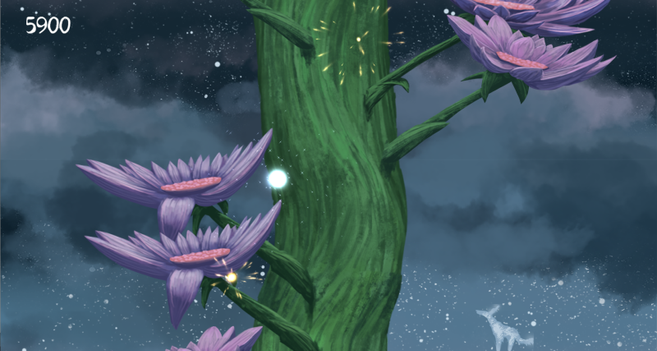 A game screenshot of a night sky and a giant stalk with purplish flowers where a few sparkling effects are shown off, some orange, some white-blue.