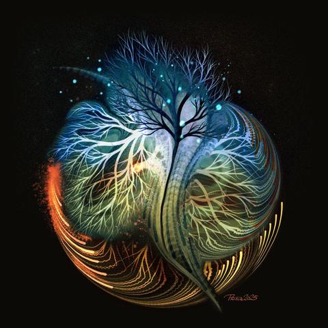 watercolour & ink; a tree hovering over a mesh of branches pulled downward, tree branches on the outer sides are curved and distorted and pulled into circular shapes, a semi circle of multiple fractal lines sits at the bottom, tinted in orange, its surface showing curves formed by droplets.
