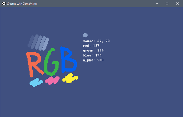 A screenshot of a GameMaker game shows a multi-colored sample image with pixel information (red, green, blue, alpha) next to it.