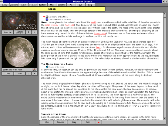 Encarta 1993, shown in a Windows 3.1 VM. The first edition was very primitive, and as shown, doesn't scale up in 1024x768.