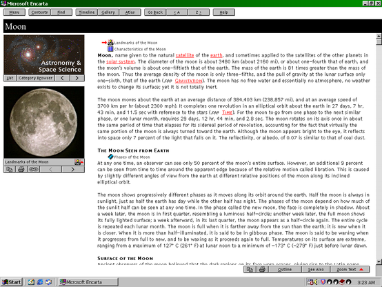 Encarta 1994, shown in a Windows 98 SE VM. This edition brought Encarta to be more in-line with the design language of 3.1.