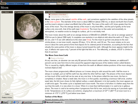 Encarta 96, shown in a Windows 98 SE VM. Bit refined over 95's, and has the Yearbook Updates icon, which was one of it's newest features at this point.