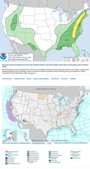 Scattered strong to severe thunderstorms are possible this afternoon and evening from parts of the Carolinas into the Mid-Atlantic and Northeast. A more isolated severe threat may develop across the Southeast, and also across parts of the Great Basin and far west Texas. #WeatherAwareDay #weather #wx #SPC #TheOutPost #SevereWeather  
Strong to Severe Thunderstorms from the Southern Plains to the Ohio Valley; Heavy Rain and Flooding in the Southern Plains
Severe thunderstorms are expected from central Texas to middle Tennessee and Kentucky this afternoon into tonight. Large hail and damaging winds are the main threats. Heavy to excessive rainfall may produce areas of flooding today and tonight from central Texas into the lower Mississippi Valley.