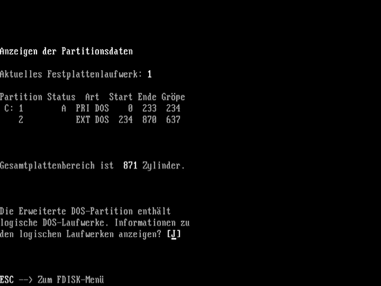 IBM DOS 3.30 - FDISK showing the partition table