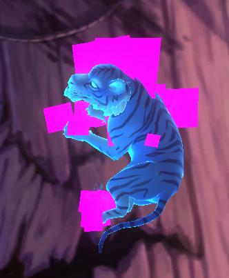 A screenshot from the game Magic Arena. A blue spectral tiger is surrounded by bright pink squares, indicating a bug in how the game’s particles are handled by the Unity engine.