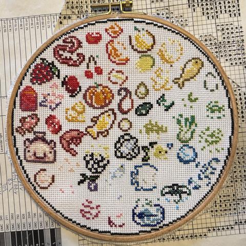 Foto eines runden Kreuzstich-Motivs (unfertig, in Arbeit). Das Motiv ist in einem Stickreif eingespannt und zeigt nach Farben geordnet Obst, Gemüse, Fische, Mineralien und Fantasiewesen aus dem Computerspiel Stardew Valley. Im Hintergrund liegen Stickmuster und Farbtabellen.