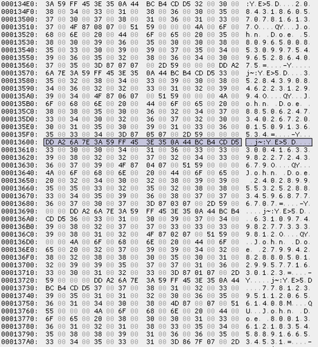 A 16-byte pattern injected into the database file, at the sector boundary